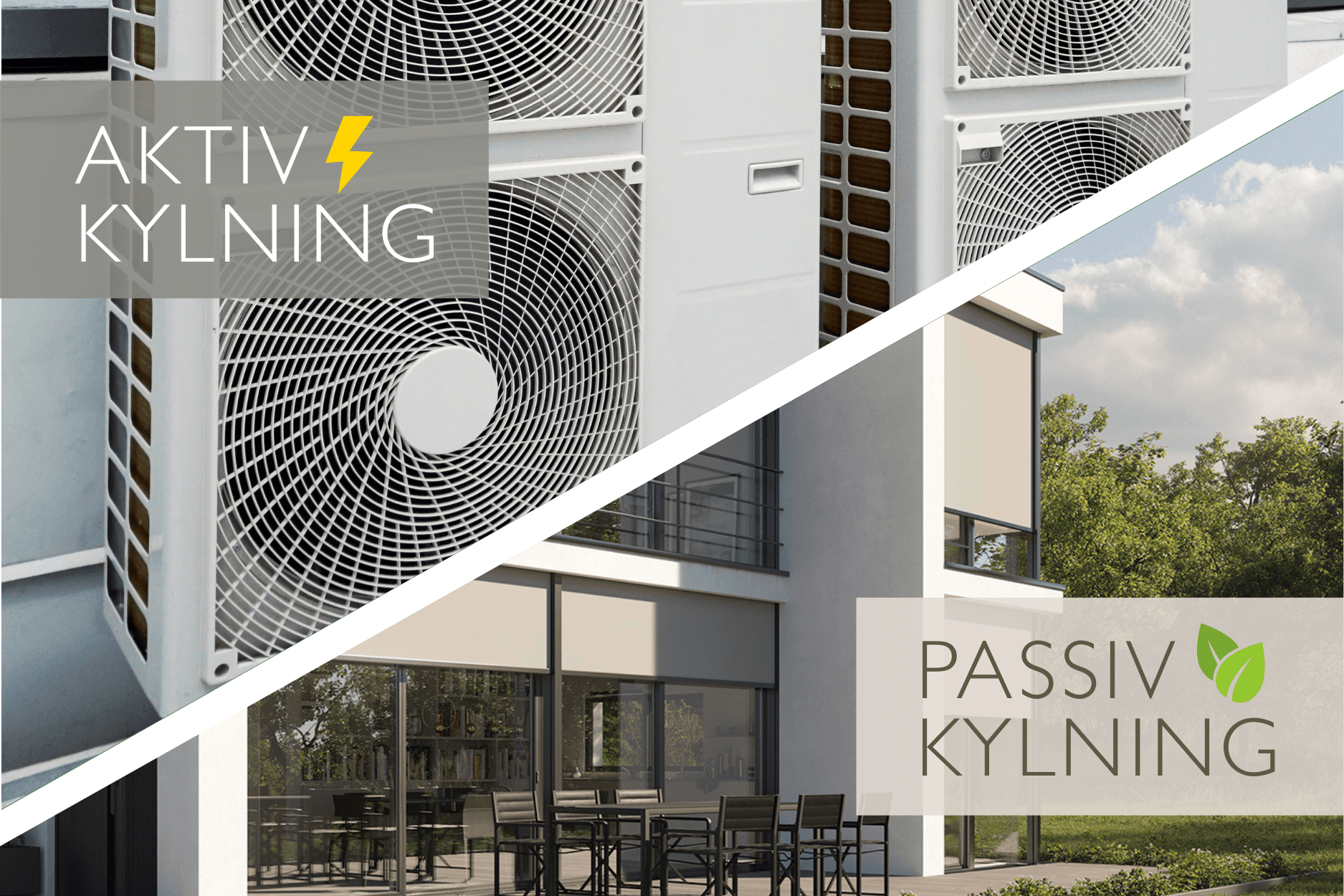 Mindre energi för kylning med solskydd Jämförelse bild luftkonditionering aktiv kylning solavskärmning passiv kylning